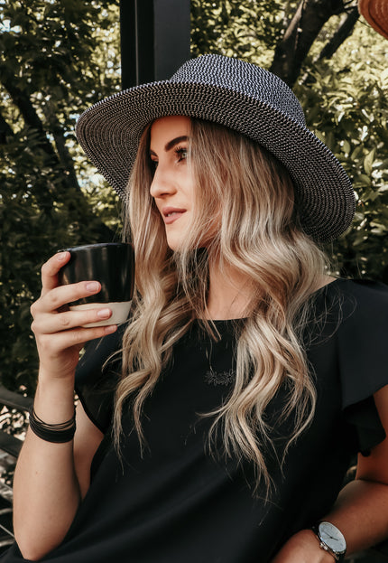 Arabella Wide Brim Fedora Sunhat: Black & White