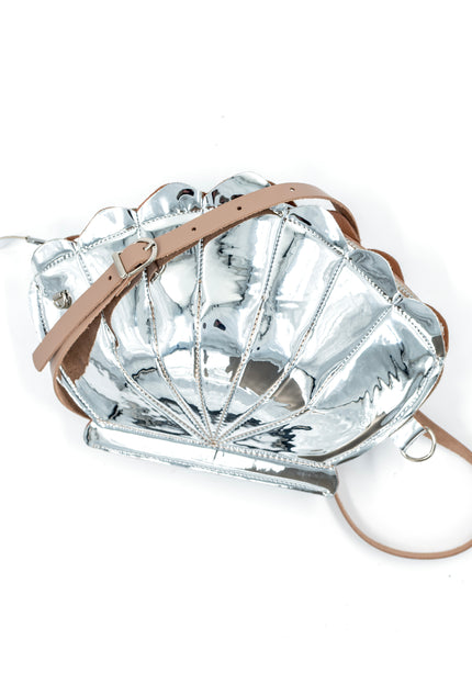 Leather Clam Bag: Silver