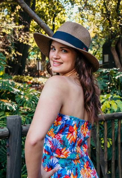 Selene Wide Brim Fedora Sunhat: Tan & Black