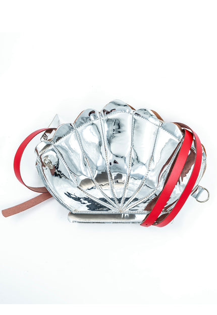 Leather Clam Bag: Silver