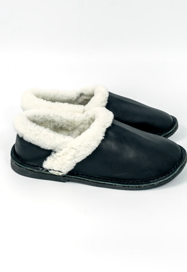 Unisex Genuine Leather Wool Slippers (Black)