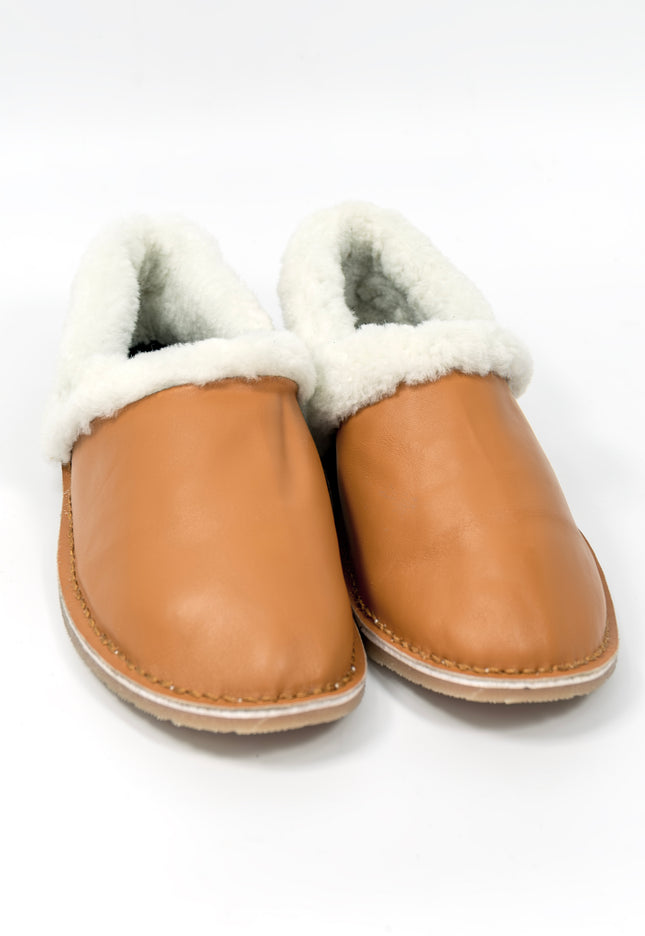 Unisex Genuine Leather Wool Slippers (Tan)