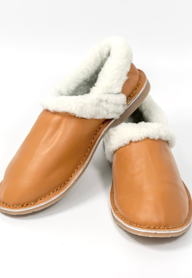 Unisex Genuine Leather Wool Slippers (Tan)