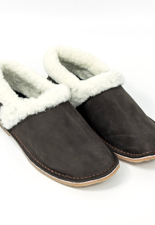 Unisex Genuine Leather Wool Slippers (Dark Brown)