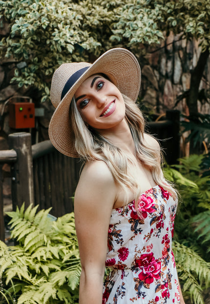 Aurelia Wide Brim Fedora Sunhat: Tan & White